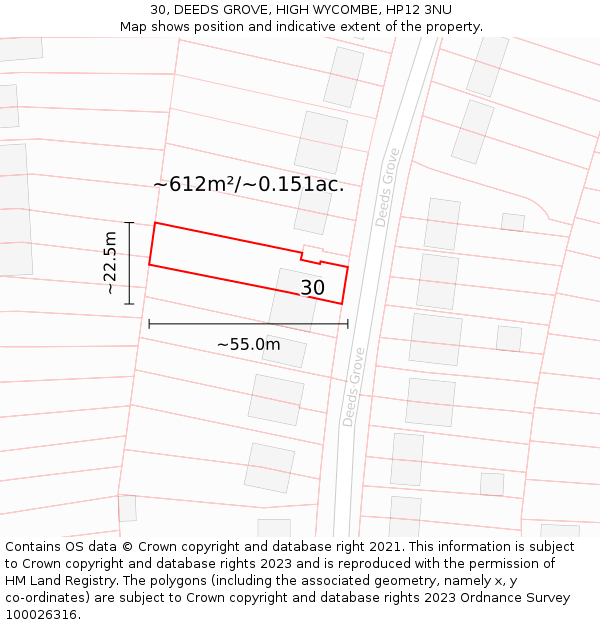 30, DEEDS GROVE, HIGH WYCOMBE, HP12 3NU: Plot and title map