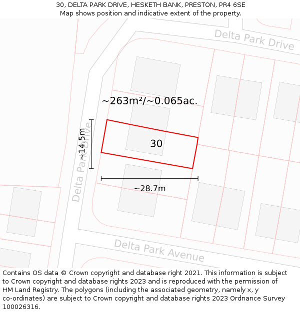 30, DELTA PARK DRIVE, HESKETH BANK, PRESTON, PR4 6SE: Plot and title map