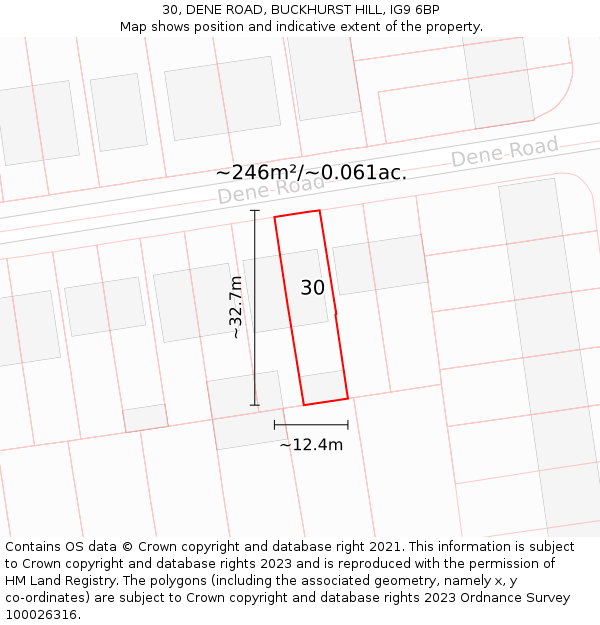 30, DENE ROAD, BUCKHURST HILL, IG9 6BP: Plot and title map