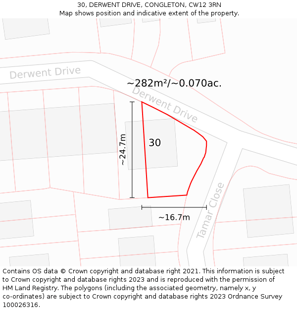 30, DERWENT DRIVE, CONGLETON, CW12 3RN: Plot and title map