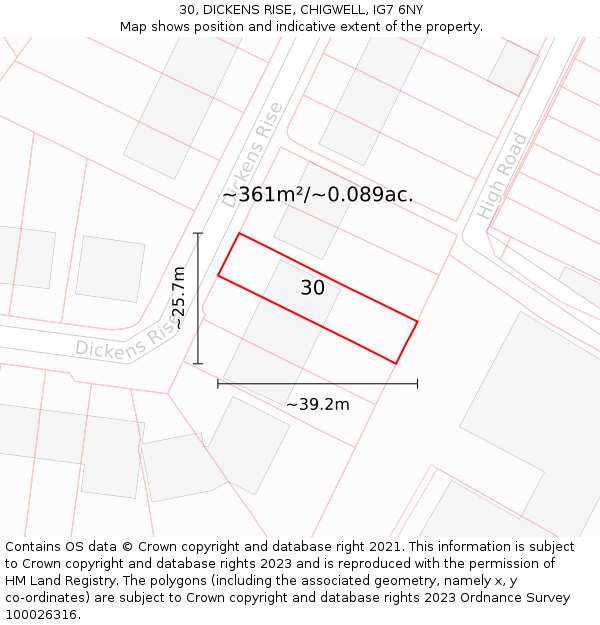 30, DICKENS RISE, CHIGWELL, IG7 6NY: Plot and title map