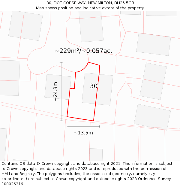 30, DOE COPSE WAY, NEW MILTON, BH25 5GB: Plot and title map