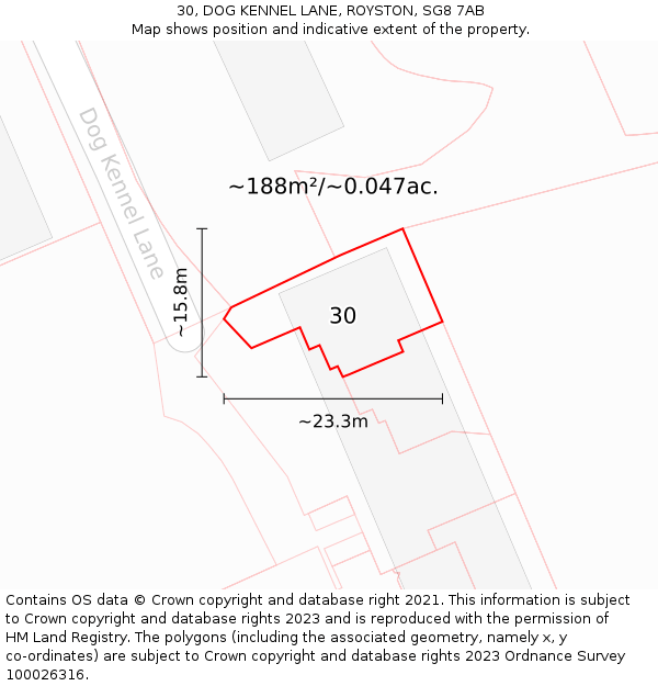 30, DOG KENNEL LANE, ROYSTON, SG8 7AB: Plot and title map