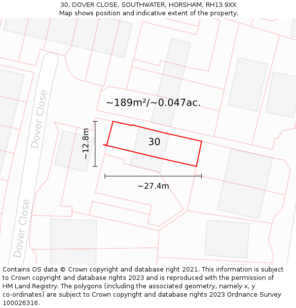 30, DOVER CLOSE, SOUTHWATER, HORSHAM, RH13 9XX: Plot and title map