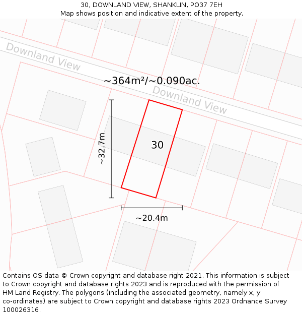 30, DOWNLAND VIEW, SHANKLIN, PO37 7EH: Plot and title map