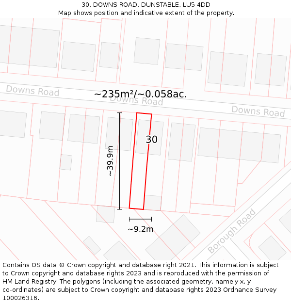30, DOWNS ROAD, DUNSTABLE, LU5 4DD: Plot and title map