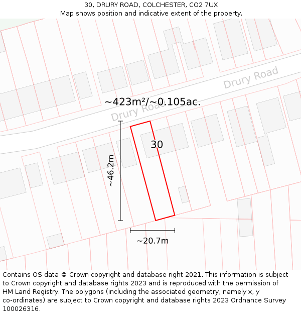 30, DRURY ROAD, COLCHESTER, CO2 7UX: Plot and title map