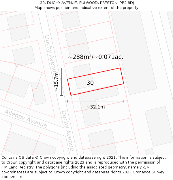 30, DUCHY AVENUE, FULWOOD, PRESTON, PR2 8DJ: Plot and title map