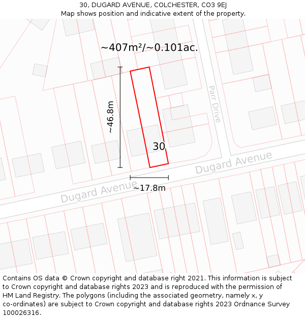 30, DUGARD AVENUE, COLCHESTER, CO3 9EJ: Plot and title map