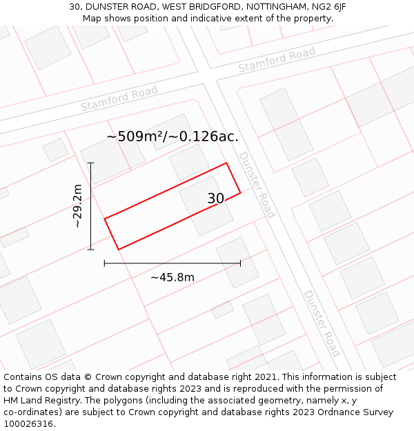 30, DUNSTER ROAD, WEST BRIDGFORD, NOTTINGHAM, NG2 6JF: Plot and title map