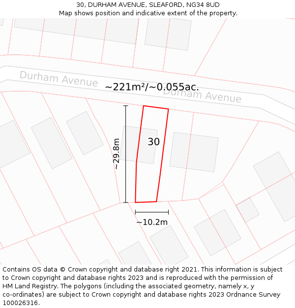 30, DURHAM AVENUE, SLEAFORD, NG34 8UD: Plot and title map