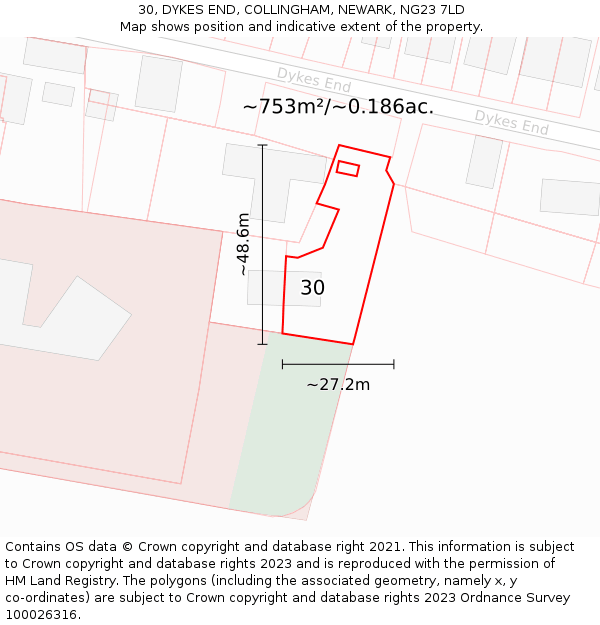 30, DYKES END, COLLINGHAM, NEWARK, NG23 7LD: Plot and title map