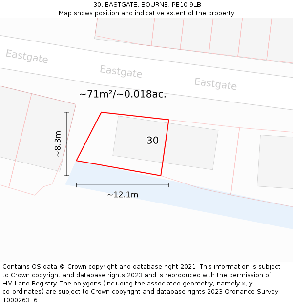 30, EASTGATE, BOURNE, PE10 9LB: Plot and title map