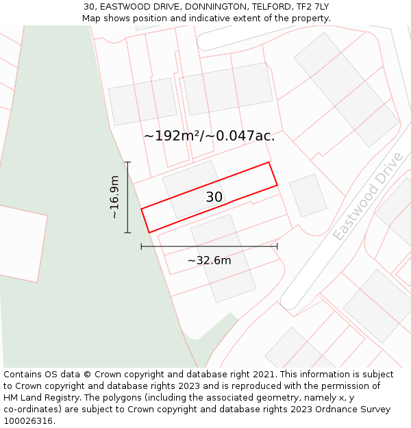 30, EASTWOOD DRIVE, DONNINGTON, TELFORD, TF2 7LY: Plot and title map