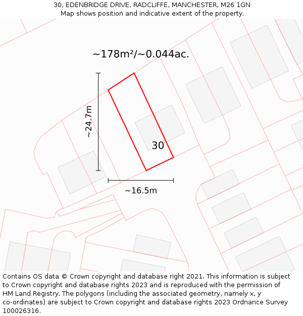 30, EDENBRIDGE DRIVE, RADCLIFFE, MANCHESTER, M26 1GN: Plot and title map