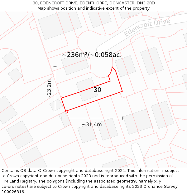 30, EDENCROFT DRIVE, EDENTHORPE, DONCASTER, DN3 2RD: Plot and title map