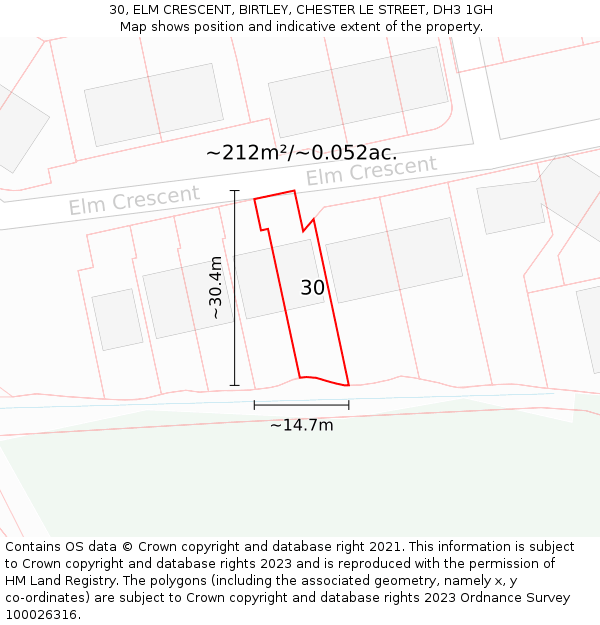 30, ELM CRESCENT, BIRTLEY, CHESTER LE STREET, DH3 1GH: Plot and title map