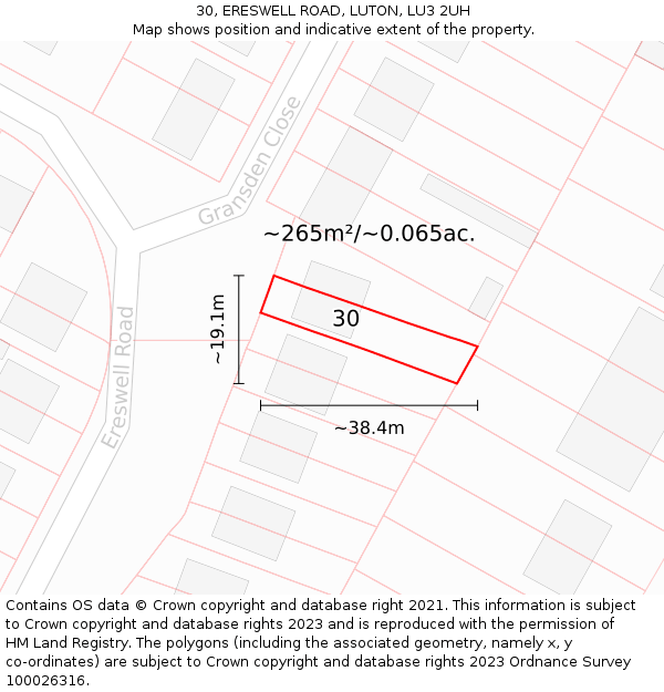 30, ERESWELL ROAD, LUTON, LU3 2UH: Plot and title map