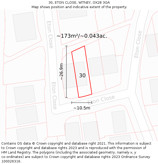 30, ETON CLOSE, WITNEY, OX28 3GA: Plot and title map