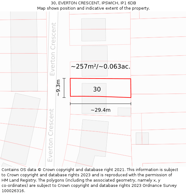 30, EVERTON CRESCENT, IPSWICH, IP1 6DB: Plot and title map