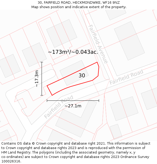 30, FAIRFIELD ROAD, HECKMONDWIKE, WF16 9NZ: Plot and title map