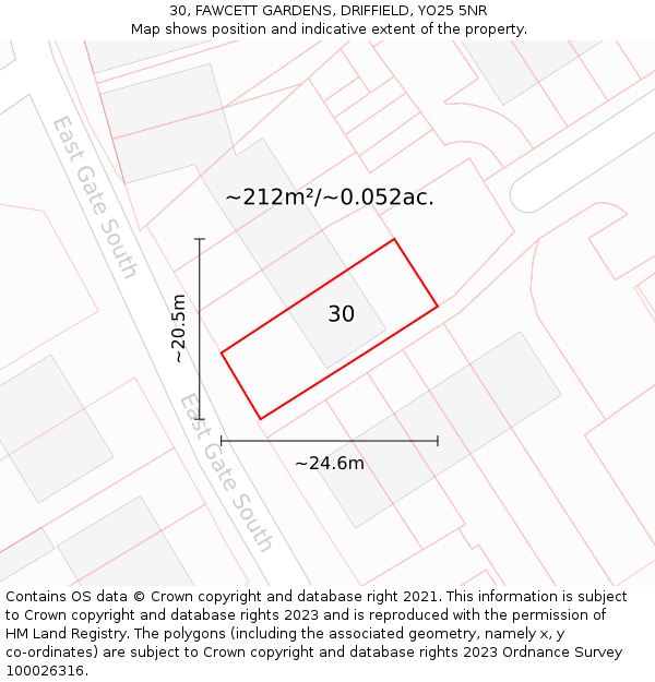 30, FAWCETT GARDENS, DRIFFIELD, YO25 5NR: Plot and title map