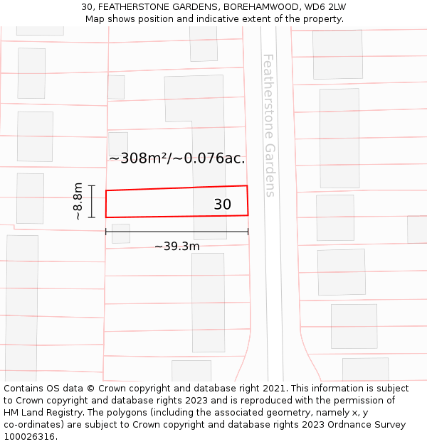 30, FEATHERSTONE GARDENS, BOREHAMWOOD, WD6 2LW: Plot and title map