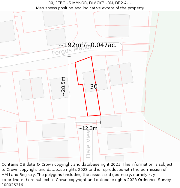 30, FERGUS MANOR, BLACKBURN, BB2 4UU: Plot and title map