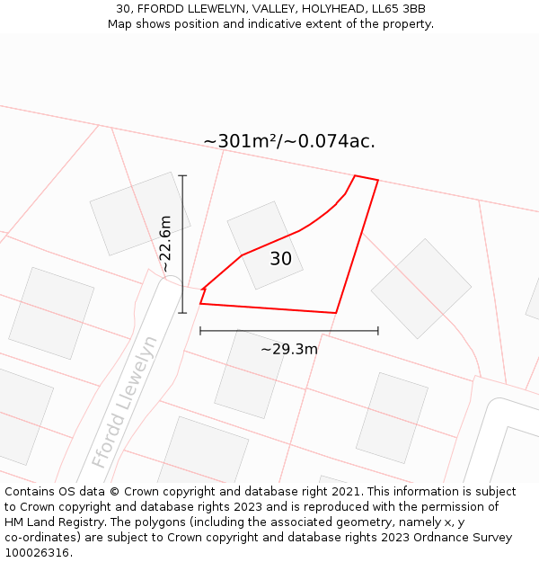30, FFORDD LLEWELYN, VALLEY, HOLYHEAD, LL65 3BB: Plot and title map