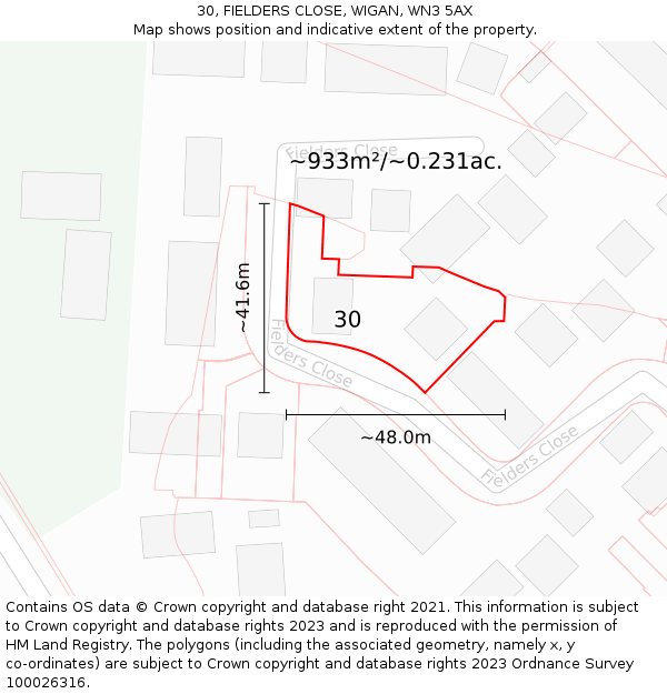 30, FIELDERS CLOSE, WIGAN, WN3 5AX: Plot and title map