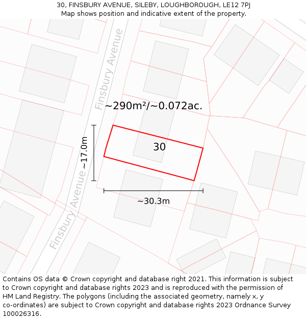 30, FINSBURY AVENUE, SILEBY, LOUGHBOROUGH, LE12 7PJ: Plot and title map