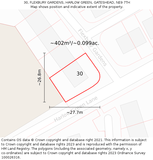 30, FLEXBURY GARDENS, HARLOW GREEN, GATESHEAD, NE9 7TH: Plot and title map