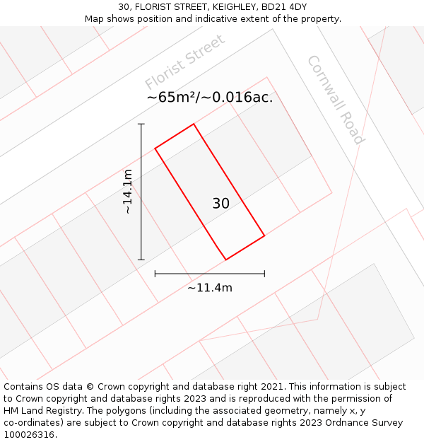 30, FLORIST STREET, KEIGHLEY, BD21 4DY: Plot and title map