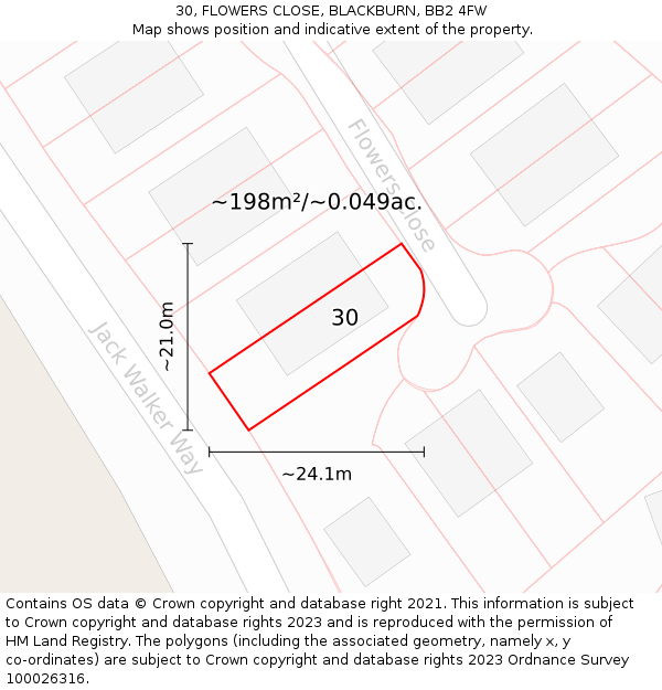 30, FLOWERS CLOSE, BLACKBURN, BB2 4FW: Plot and title map