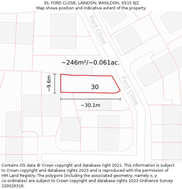 30, FORD CLOSE, LAINDON, BASILDON, SS15 6JZ: Plot and title map