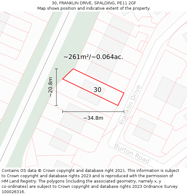 30, FRANKLIN DRIVE, SPALDING, PE11 2GF: Plot and title map