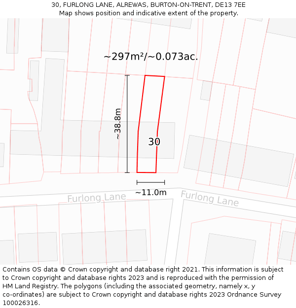 30, FURLONG LANE, ALREWAS, BURTON-ON-TRENT, DE13 7EE: Plot and title map