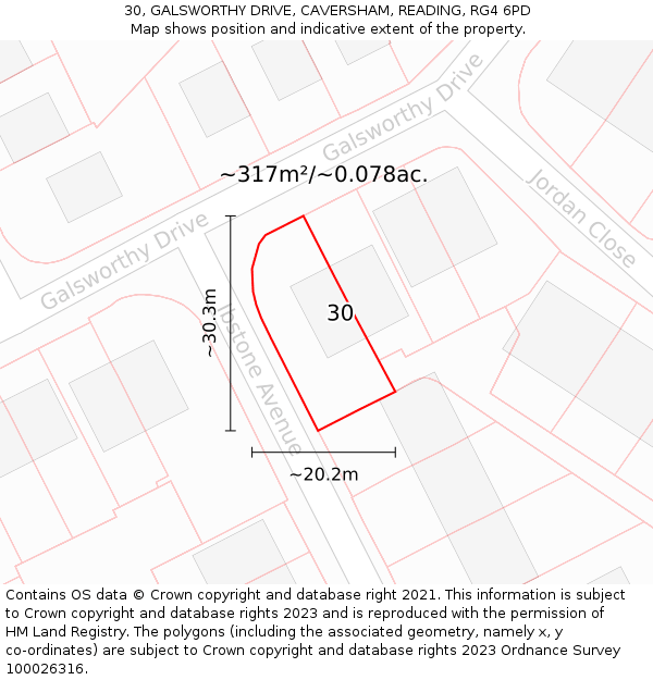 30, GALSWORTHY DRIVE, CAVERSHAM, READING, RG4 6PD: Plot and title map