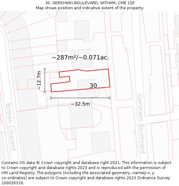 30, GERSHWIN BOULEVARD, WITHAM, CM8 1QF: Plot and title map