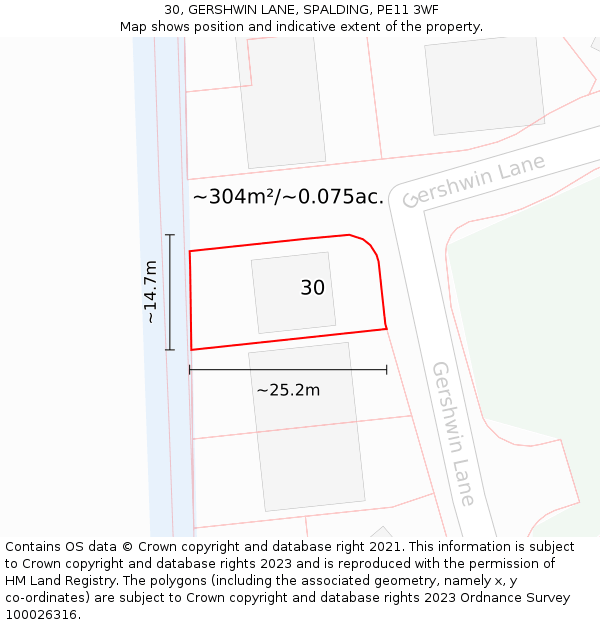 30, GERSHWIN LANE, SPALDING, PE11 3WF: Plot and title map