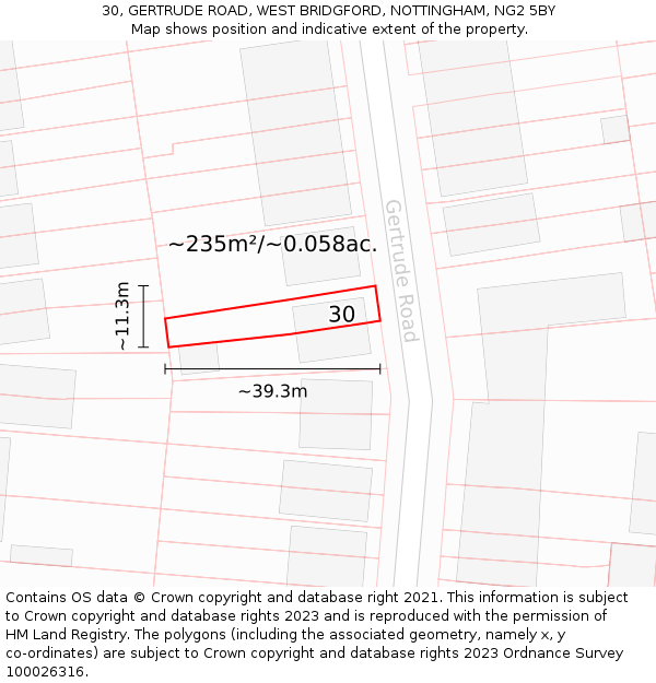 30, GERTRUDE ROAD, WEST BRIDGFORD, NOTTINGHAM, NG2 5BY: Plot and title map