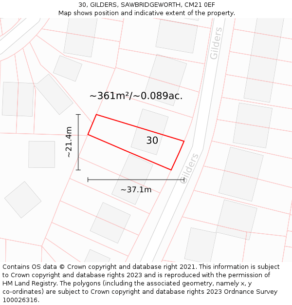 30, GILDERS, SAWBRIDGEWORTH, CM21 0EF: Plot and title map