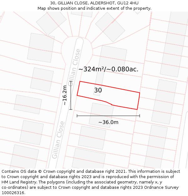 30, GILLIAN CLOSE, ALDERSHOT, GU12 4HU: Plot and title map