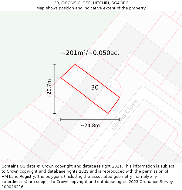30, GIRONS CLOSE, HITCHIN, SG4 9PG: Plot and title map