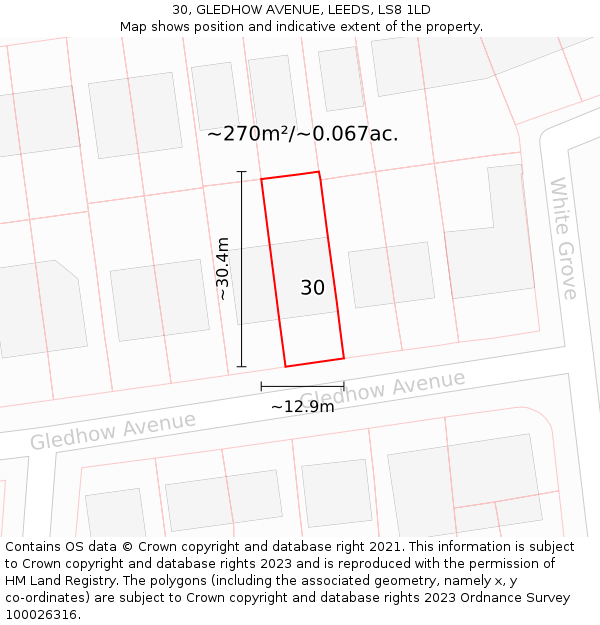 30, GLEDHOW AVENUE, LEEDS, LS8 1LD: Plot and title map