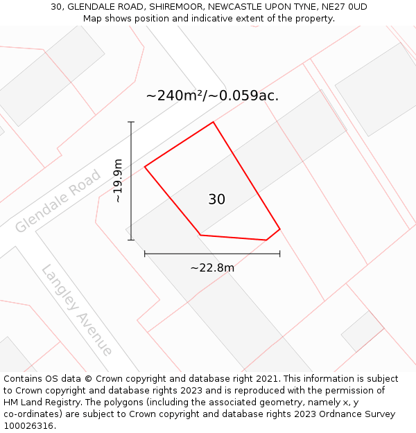 30, GLENDALE ROAD, SHIREMOOR, NEWCASTLE UPON TYNE, NE27 0UD: Plot and title map