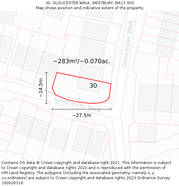 30, GLOUCESTER WALK, WESTBURY, BA13 3XG: Plot and title map