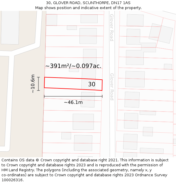 30, GLOVER ROAD, SCUNTHORPE, DN17 1AS: Plot and title map