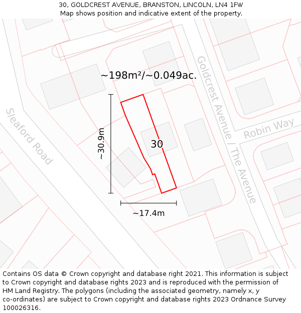 30, GOLDCREST AVENUE, BRANSTON, LINCOLN, LN4 1FW: Plot and title map