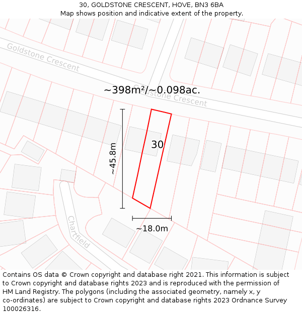 30, GOLDSTONE CRESCENT, HOVE, BN3 6BA: Plot and title map